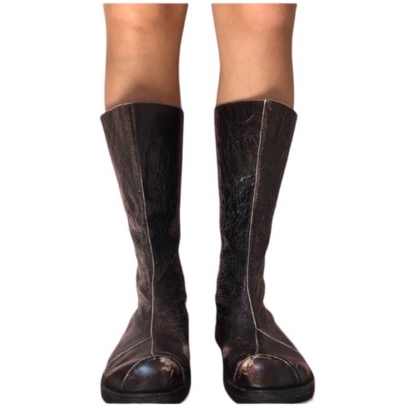 CYDWOQ Brown Crackled Leather Zip Up Mid Calf Boots Size 37 - Picture 2 of 16